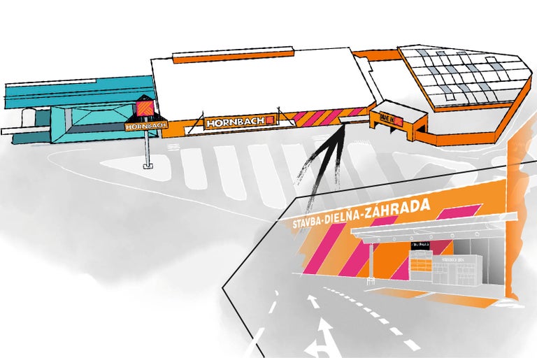 Ilustrácia hobbymarketu Hornbach s parkoviskom a priestorom pre vjazd