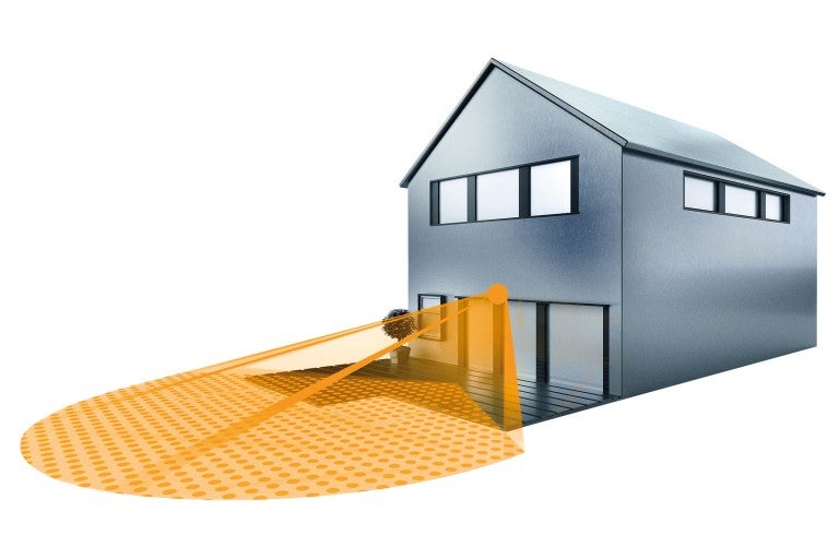 Ilustrácia rozsahu detekcie pohybového senzora pred domom