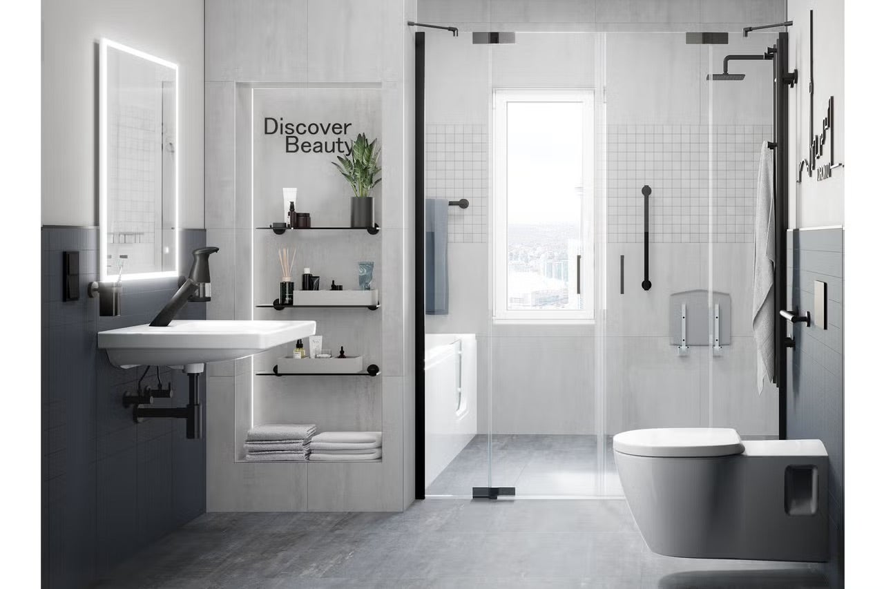 Moderná kúpeľňa s umývadlom, zrkadlom, policami a sprchovacím kútom