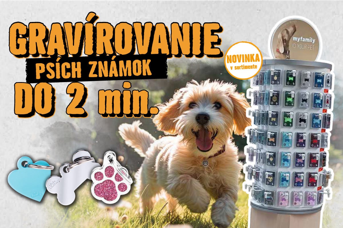 Gravírovanie psích známok a predajný stojan s rôznymi psími známkami