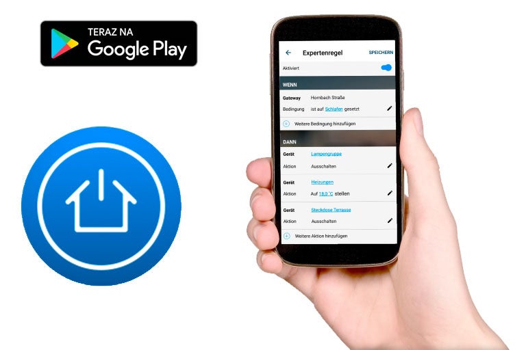 Smartfón s aplikáciou pre inteligentnú domácnosť a logom Google Play