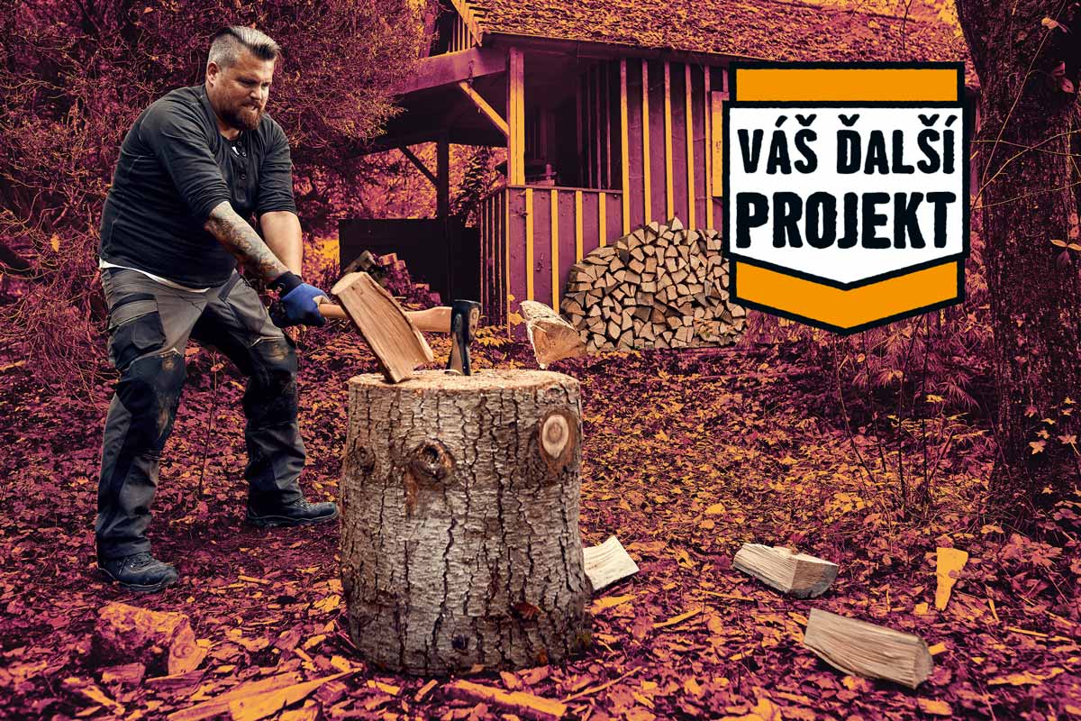 Remeselník štiepi vonku drevo sekerou na pni pred drevenou chatou s logom Hornbach Váš ďalší projekt.