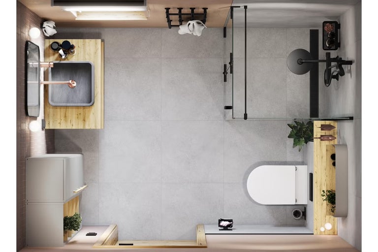 Pohľad zhora na kúpeľňu s umývadlom, toaletou a sprchou