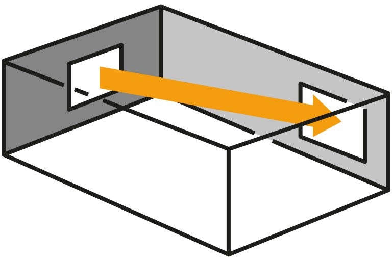 Zobrazenie miestnosti so šípkou cez okno pre vetranie