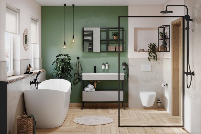 Svetlá kúpeľňa s voľne stojacou vaňou, umývadlom, zrkadlom a sprchou