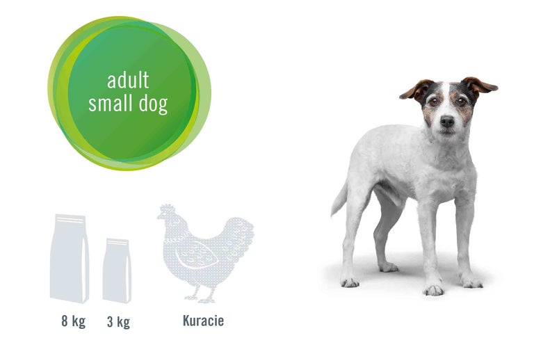 Ilustrácia krmiva pre malé dospelé psy s hydinovou príchuťou, ktoré je dostupné v baleniach s hmotnosťou 3 kilogramy a 8 kilogramov