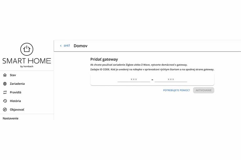 Používateľské rozhranie inteligentnej domácnosti Hornbach na konfiguráciu brány.
