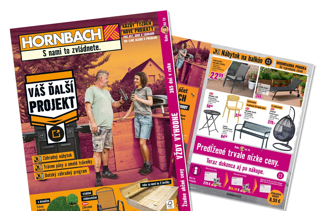 Leták Hornbach pre záhradné projekty s vyobrazením záhradného nábytku, grilu a cenových ponúk pre vonkajšie priestory.