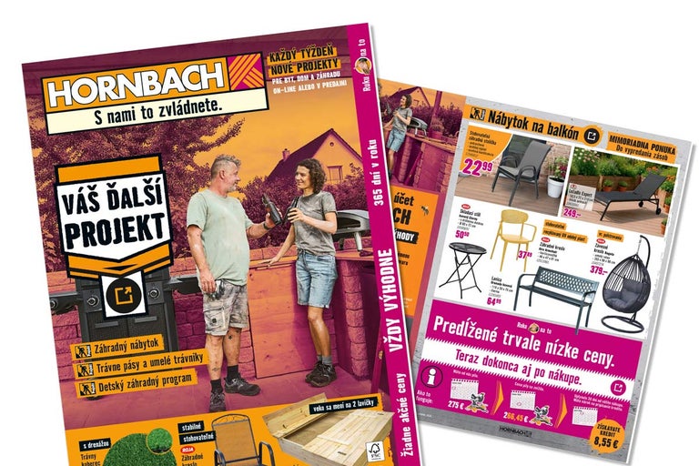 Leták Hornbach pre záhradné projekty s vyobrazením záhradného nábytku, grilu a cenových ponúk pre vonkajšie priestory.