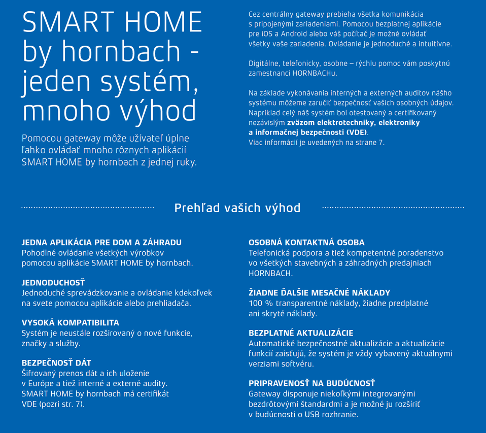 Infografika SMART HOME by hornbach: jedna aplikácia, jednoduché ovládanie, kompatibilita, bezpečnosť dát, žiadne mesačné poplatky a podpora.