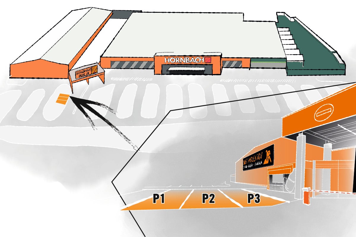 Ilustrácia predajne Hornbach s nákresom cesty k Drive-In