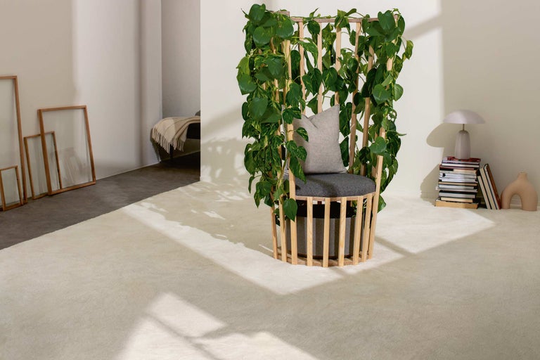 Scéna s interiérom, kreslo s rastlinami, koberec a dekorácie