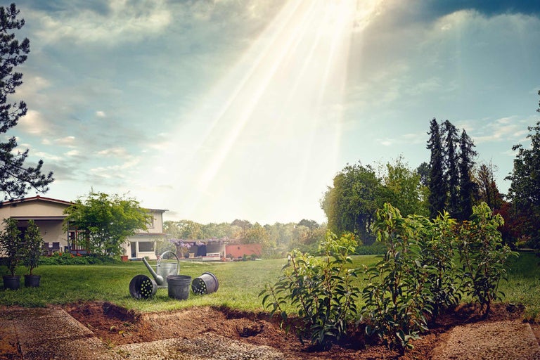 Záhradná krajina s domom, rastlinami, krhlou a kvetináčmi pre záhradné úpravy