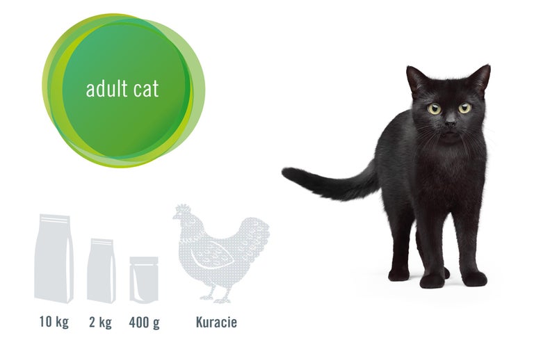 Ilustrácia krmiva pre dospelé mačky s údajmi o hmotnosti a symbolom kuraťa