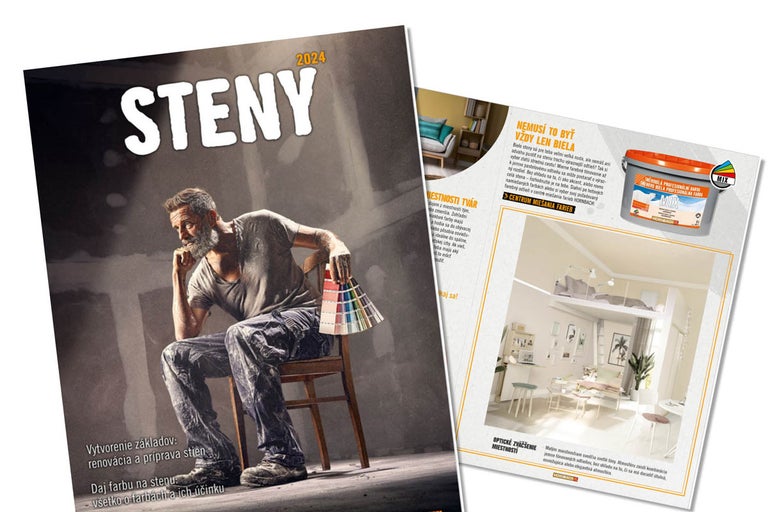 Časopis Hornbach s mužom sediacim na stoličke a držiacim vzorkovníky farieb, vedľa stránka s nápadmi na interiérový dizajn.