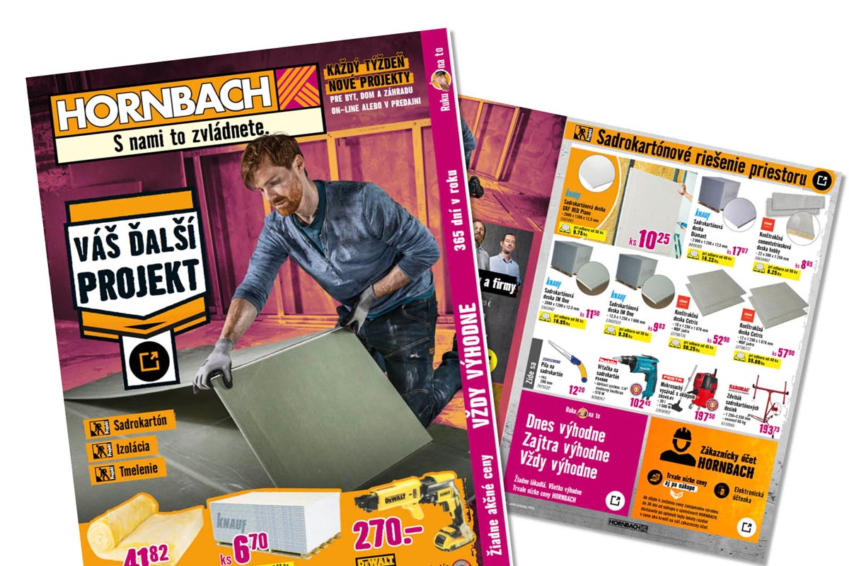 Reklamný leták Hornbach na produkty pre suchú výstavbu s remeselníkom, sadrokartónovými doskami, náradím a cenami pre domáce projekty.