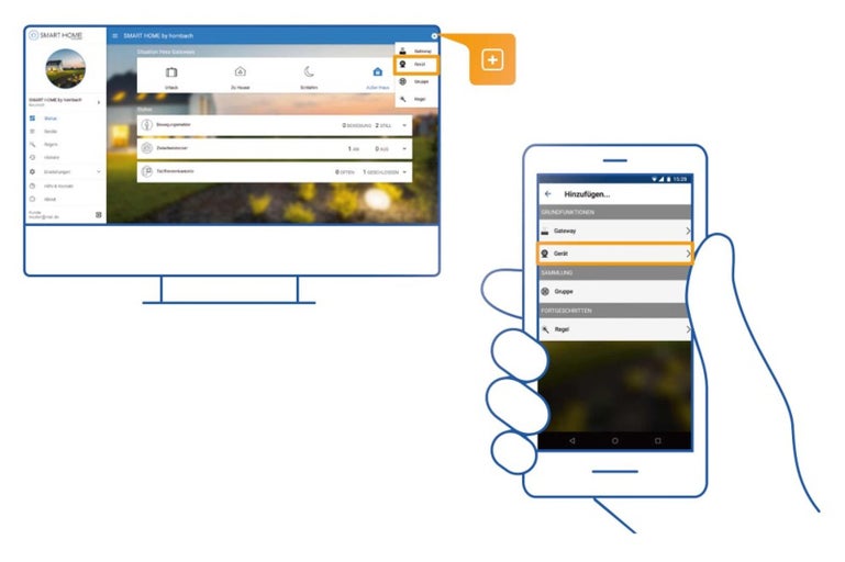 Rozhranie aplikácie Smart Home by Hornbach na obrazovke počítača a smartfóne.