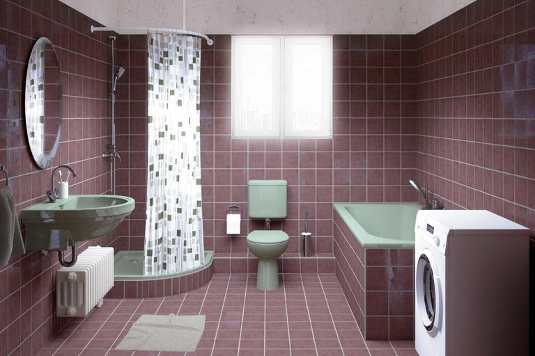 Kúpeľňa s umývadlom, toaletou, vaňou a práčkou