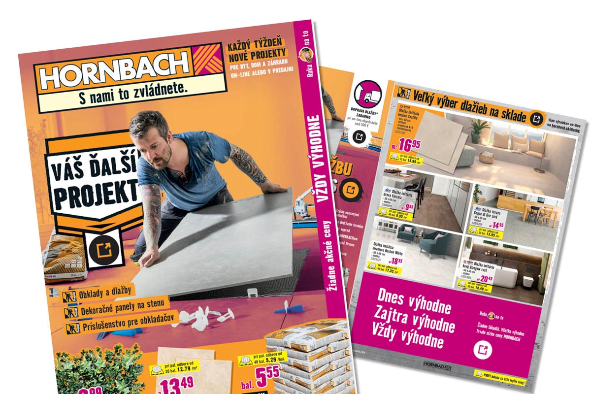 Reklamný leták Hornbach s obkladmi, stavebným materiálom a kutilom pokladajúcim dlažbu, vrátane cien a informácií o produktoch.