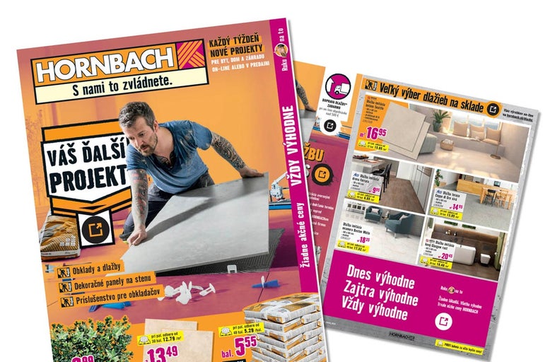 Reklamný leták Hornbach s obkladmi, stavebným materiálom a kutilom pokladajúcim dlažbu, vrátane cien a informácií o produktoch.