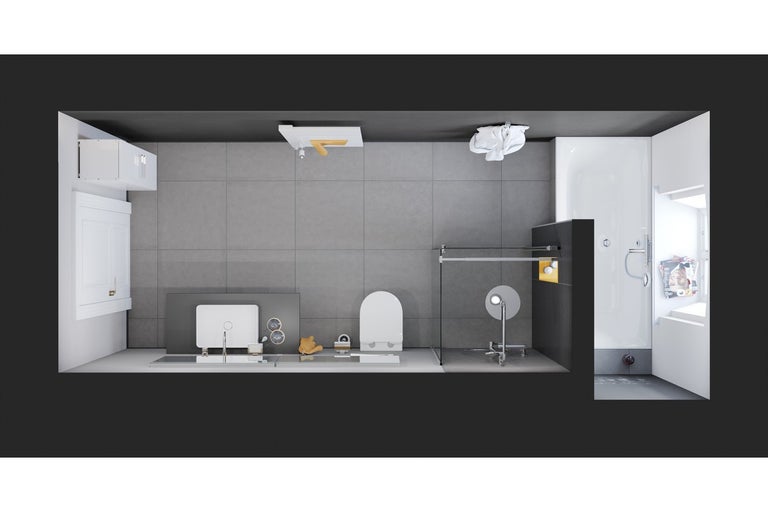 Pohľad na kúpeľňu so sprchou, umývadlom, toaletou a kúpeľňovým nábytkom