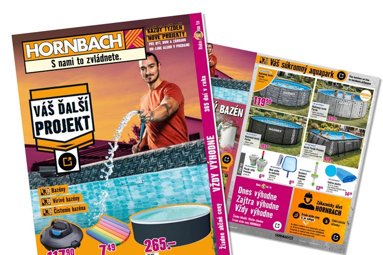 Letáky Hornbach s Hornbach Logo a ponukou bazénov, bazénového príslušenstva a projektových nápadov do záhrady.
