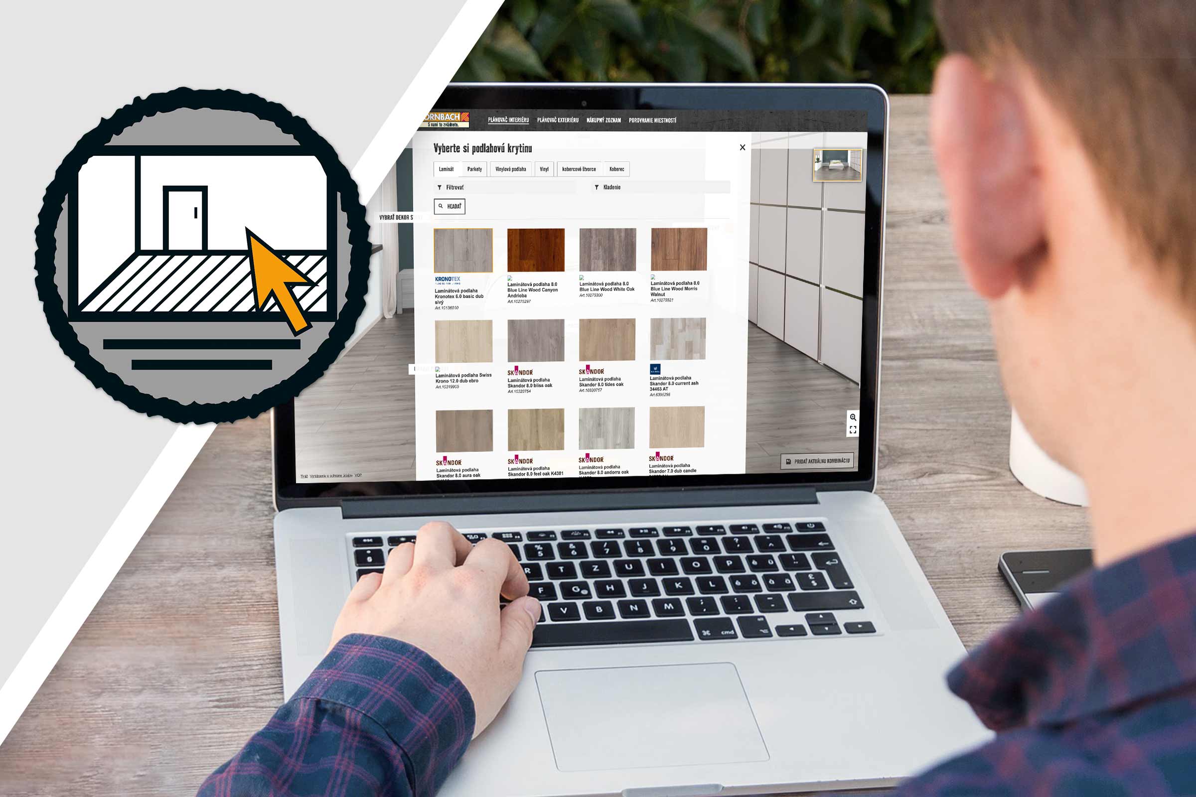 Muž používa notebook s webovou stránkou Hornbach na výber laminátovej podlahy.