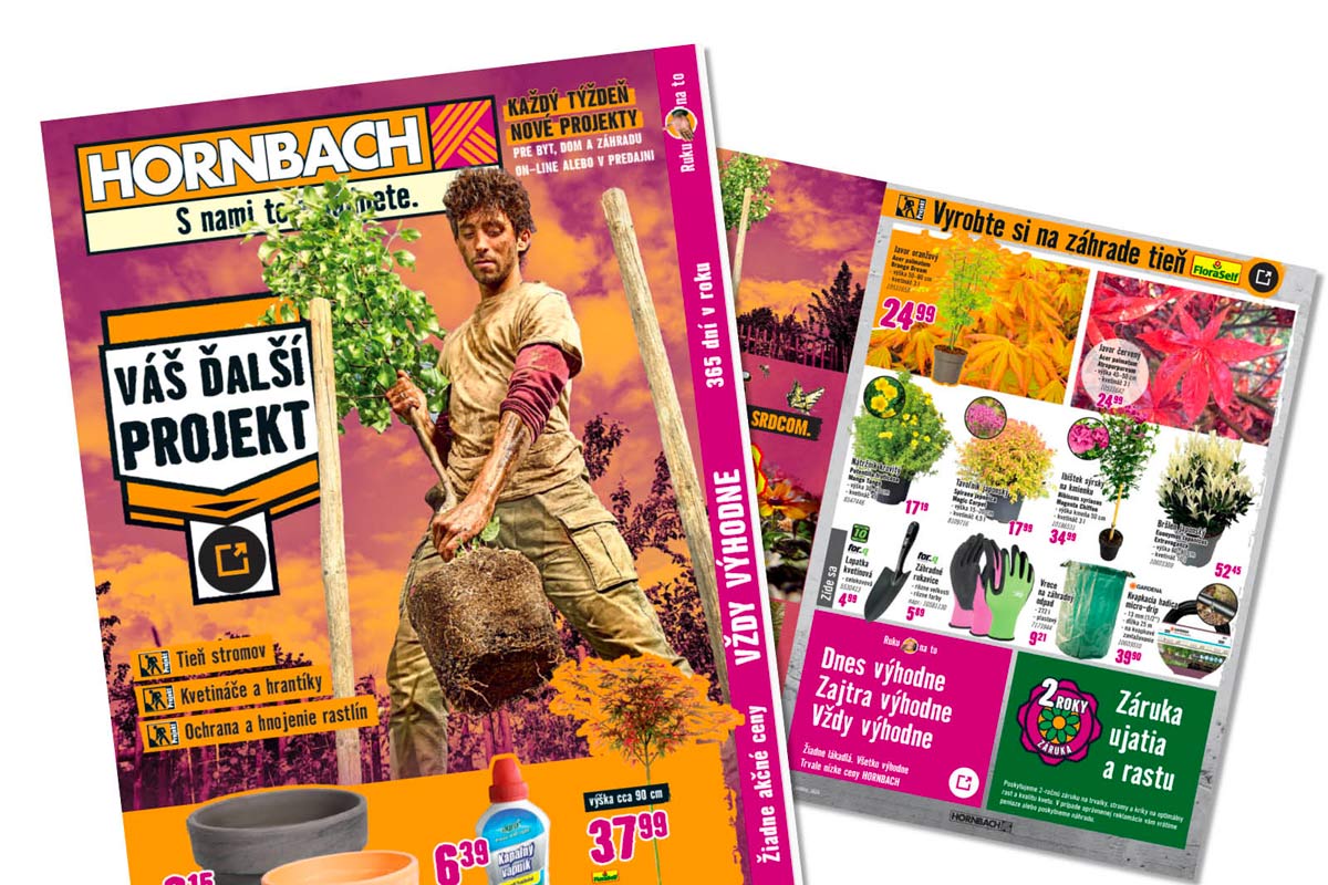 Hornbach leták pre záhradné projekty s mužom sadiacim strom, rôznymi rastlinami, záhradným náradím a kvetináčmi.