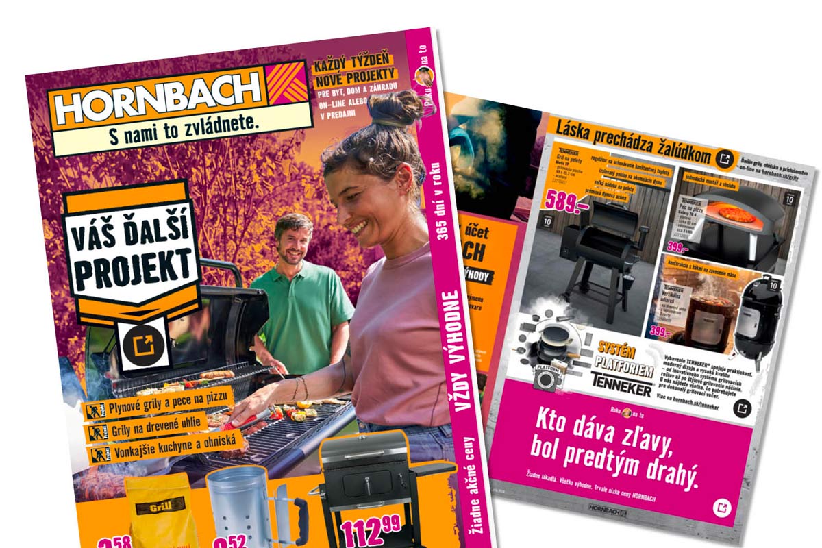 Katalógy Hornbach pre projekty grilovania s plynovými grilmi, grilmi na drevené uhlie, pecami na pizzu, vonkajšími kuchyňami a grilmi Tenneker.