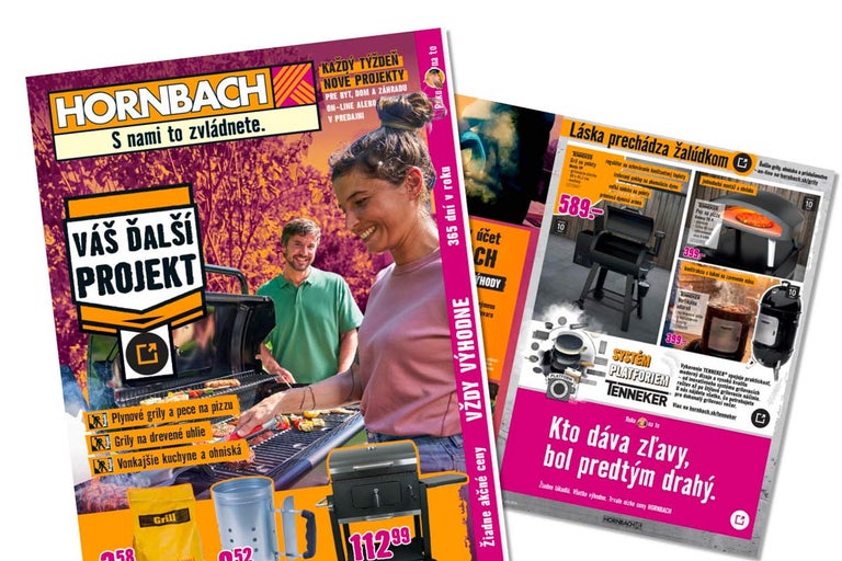 Katalógy Hornbach pre projekty grilovania s plynovými grilmi, grilmi na drevené uhlie, pecami na pizzu, vonkajšími kuchyňami a grilmi Tenneker.
