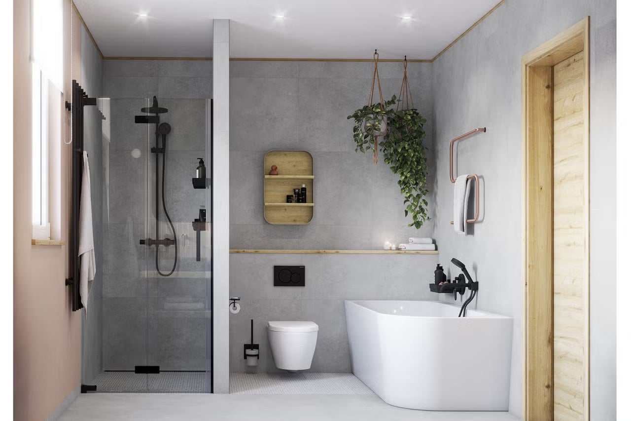 Svetlá kúpeľňa so sprchou, vaňou a toaletou pre moderný dizajn kúpeľne