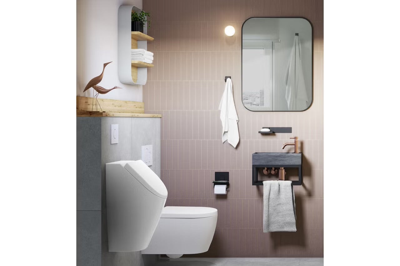 Kúpeľňa s nástenným WC, umývadlom a zrkadlom