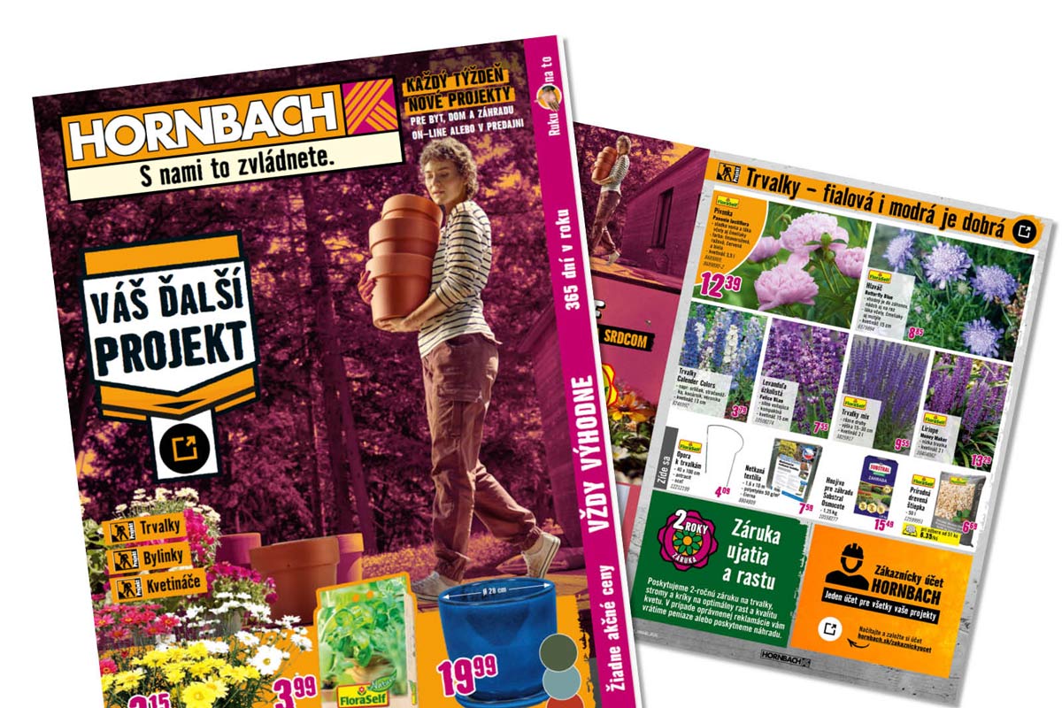 Reklamný leták Hornbach s projektmi pre záhradu, trvalkami, kvetináčmi a záhradnými potrebami.