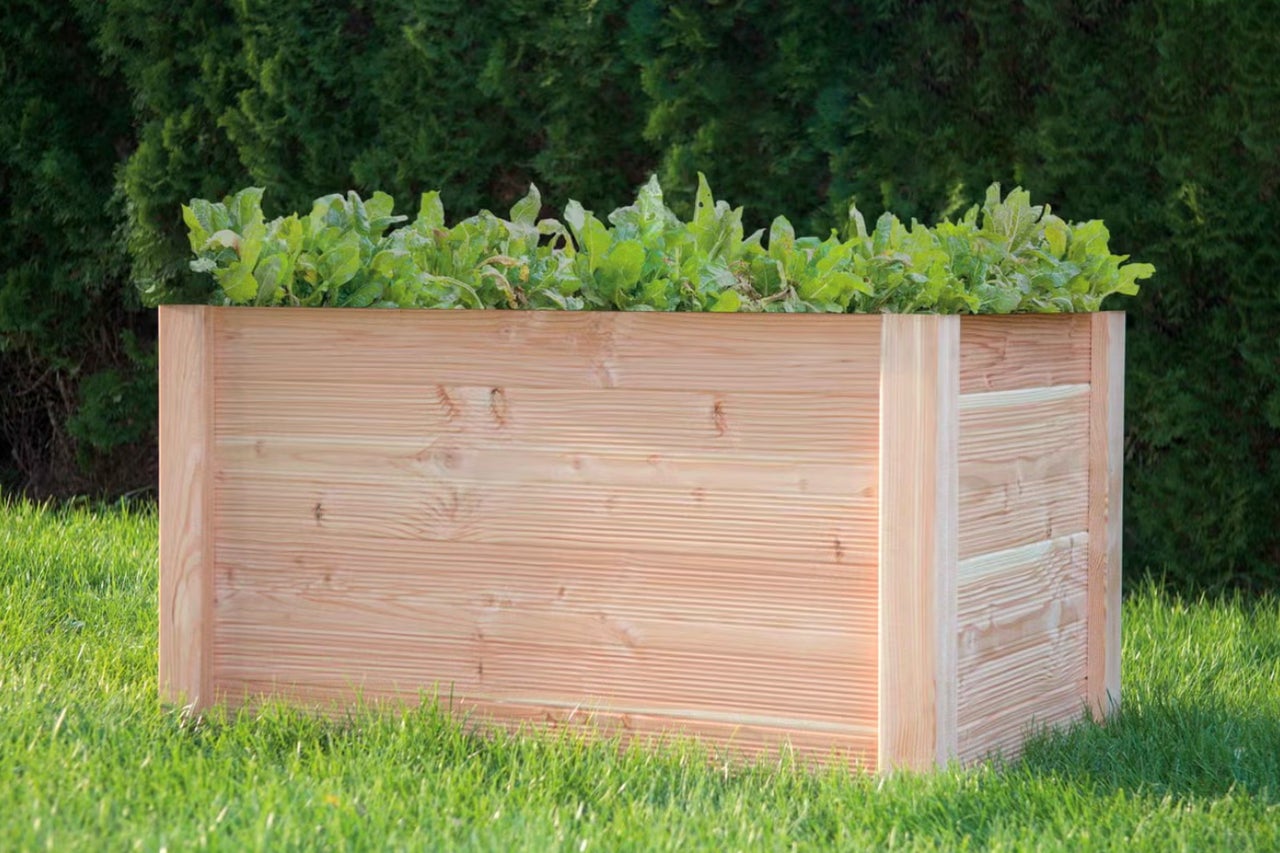 Drevený vyvýšený záhon s rastlinami v záhrade