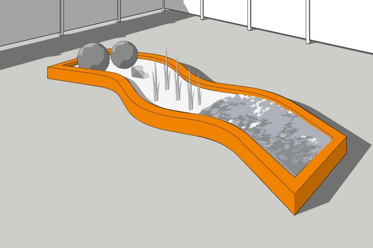 Ilustrácia vlnitého vyvýšeného záhona s rastlinami a kameňmi