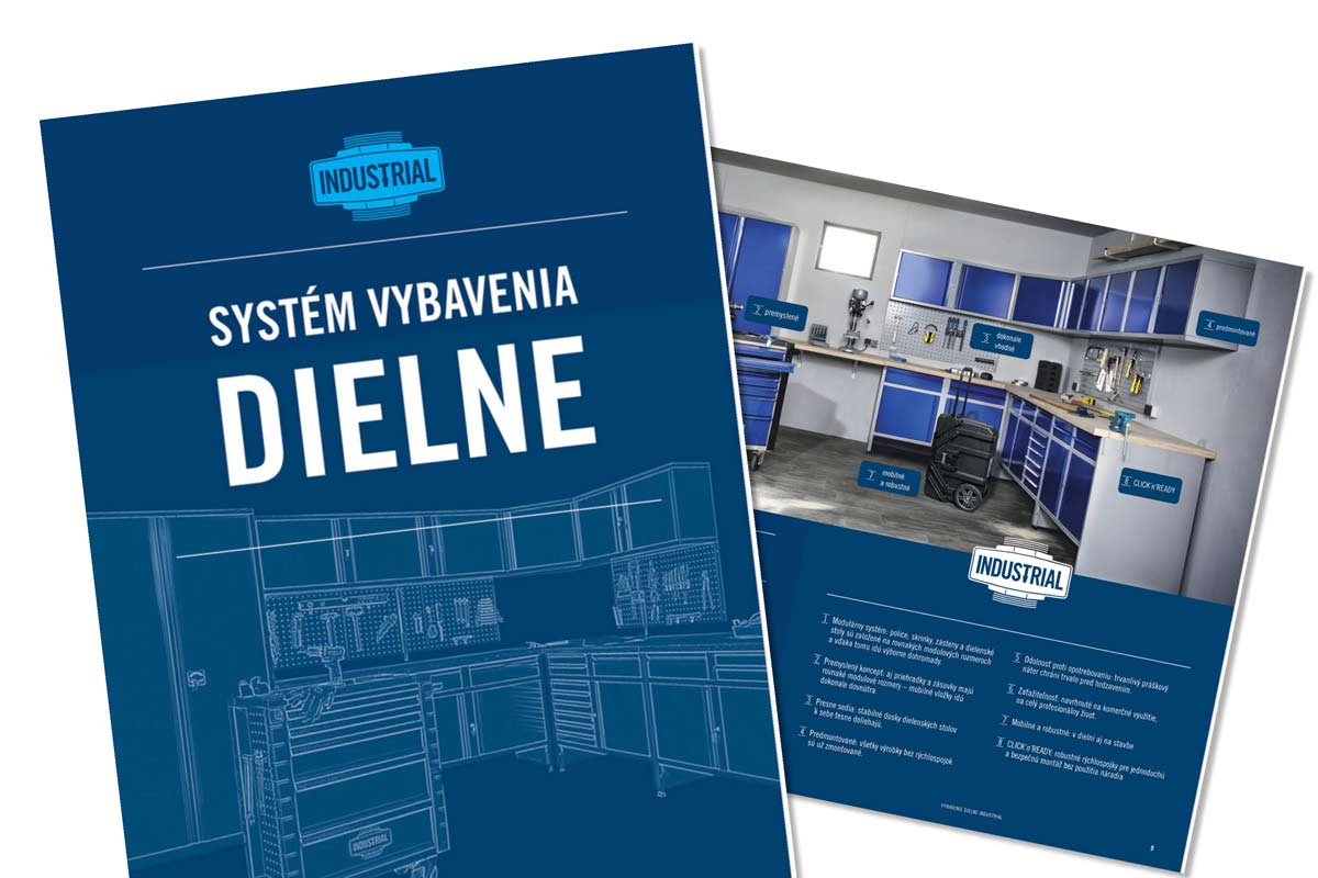 Pohľad do katalógu systému vybavenia dielne s pracovnými stolmi a skriňami na náradie