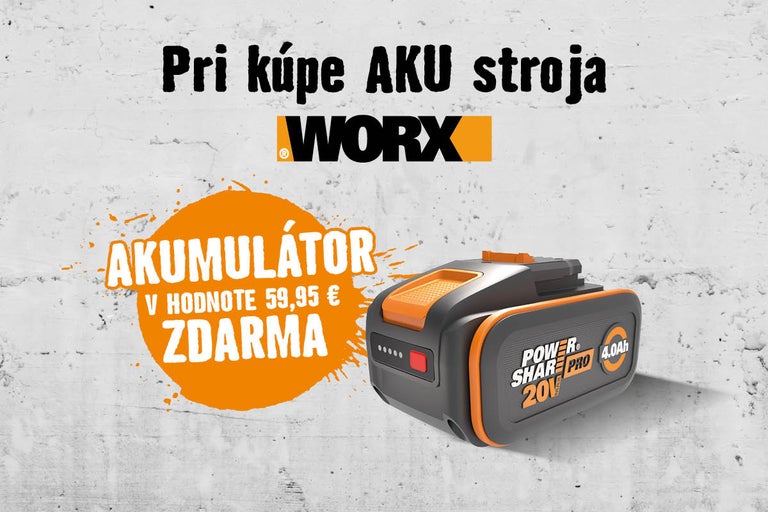 Reklamný banner na náradie Worx: pri kúpe akumulátorového stroja získate akumulátor 20 Volt 4,0 Ampérhodiny Power Share Pro zadarmo.