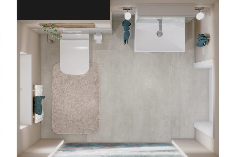 Vtáčia perspektíva kúpeľne s toaletou, umývadlom a radiátorom