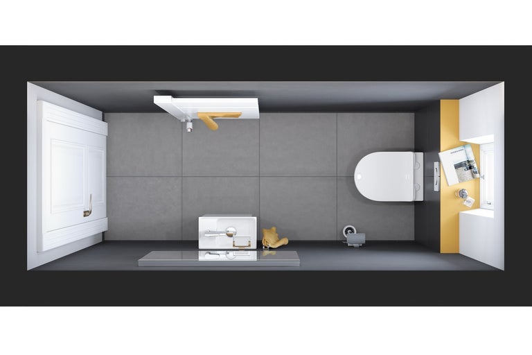 Pohľad zhora na kúpeľňu s umývadlom, toaletou, sprchou a radiátorom