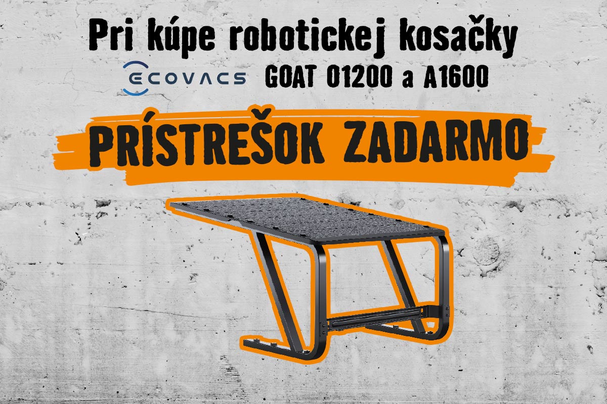 Prístrešok zadarmo pri kúpe robotickej kosačky Ecovacs Goat G1200 a A1600. Ecovacs Logo.