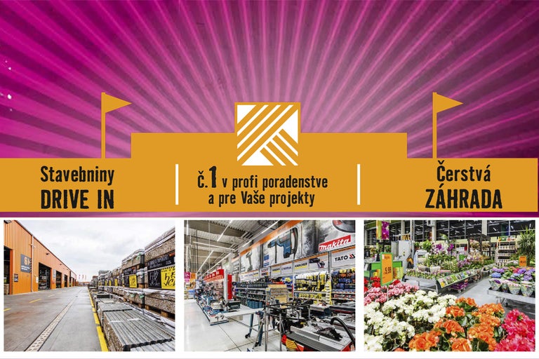 Reklama na hobbymarket Hornbach s drive-in pre stavebniny, odborné poradenstvo a záhradné centrum.