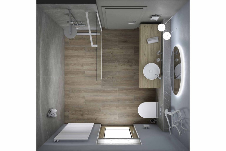 Pohľad zhora na kúpeľňu so sprchou, umývadlom, toaletou a radiátorom