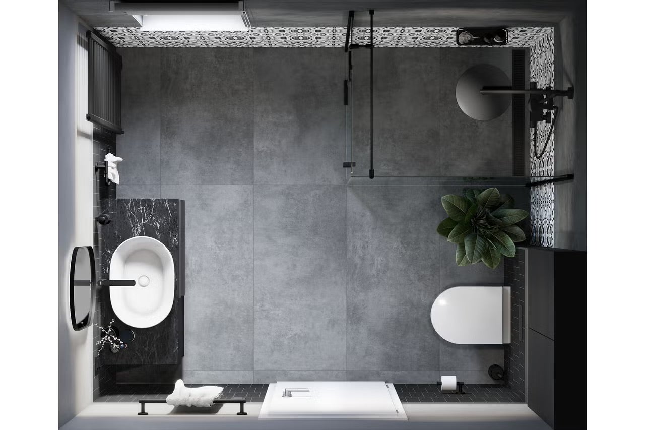 Pohľad zhora na kúpeľňu s umývadlom, toaletou, sprchou a sivými dlaždicami