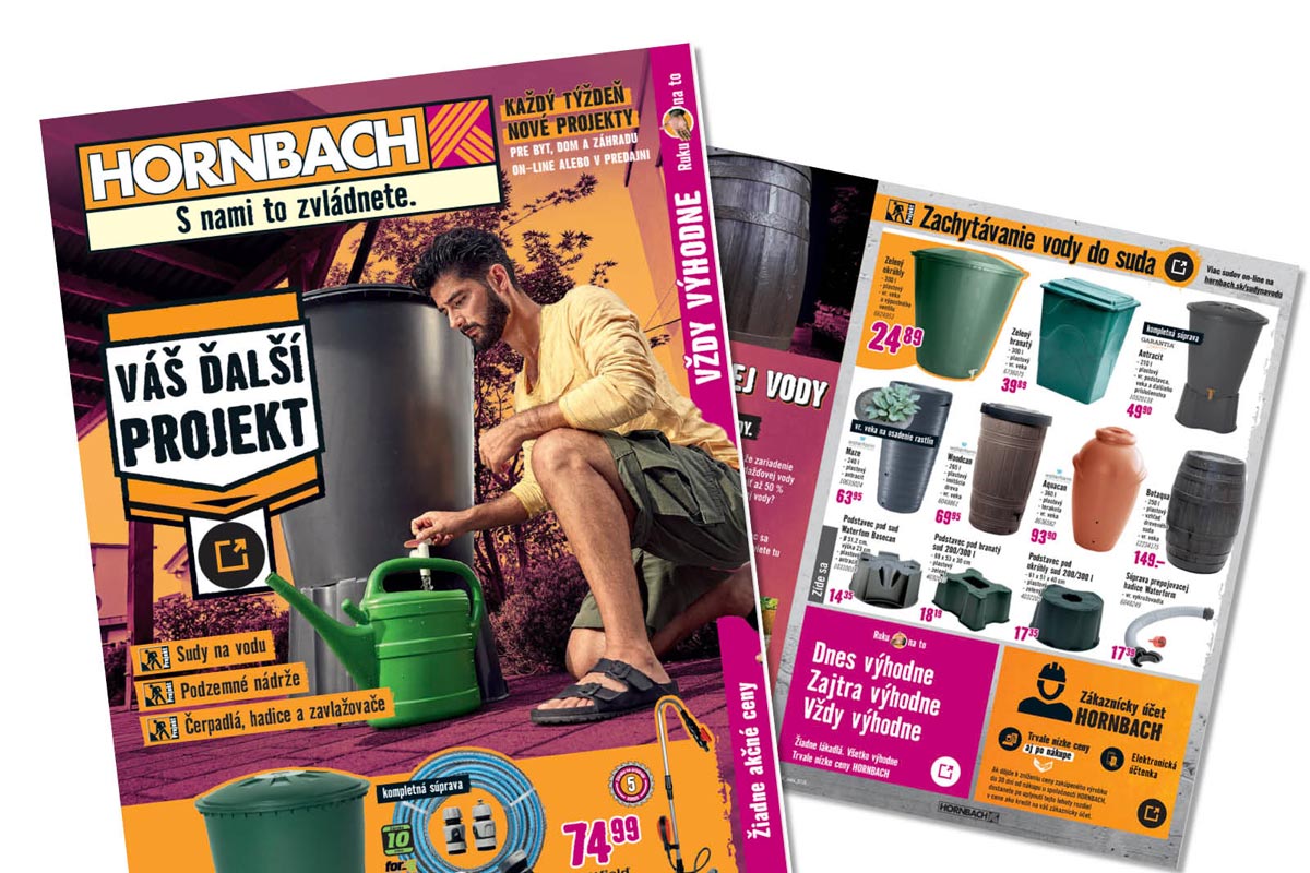 Hornbach Logo na letákoch na zachytávanie dažďovej vody. Na obálke muž so sudom a krhlou. Vnútorná strana s rôznymi sudmi na vodu a cenami.