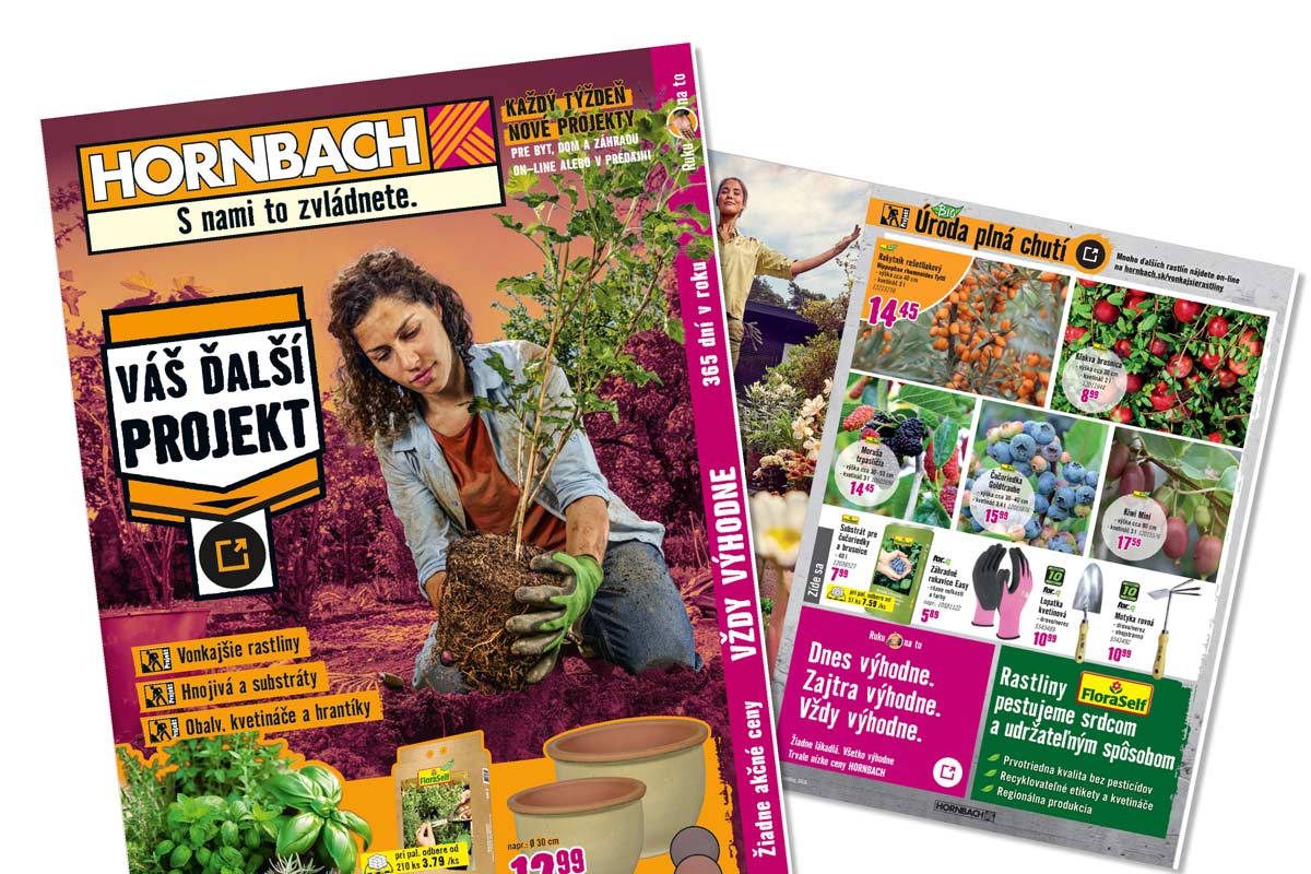 Hornbach Logo na letáku pre záhradné projekty s vonkajšími rastlinami, hnojivami, substrátmi a kvetináčmi. Žena je zobrazená pri sadení.