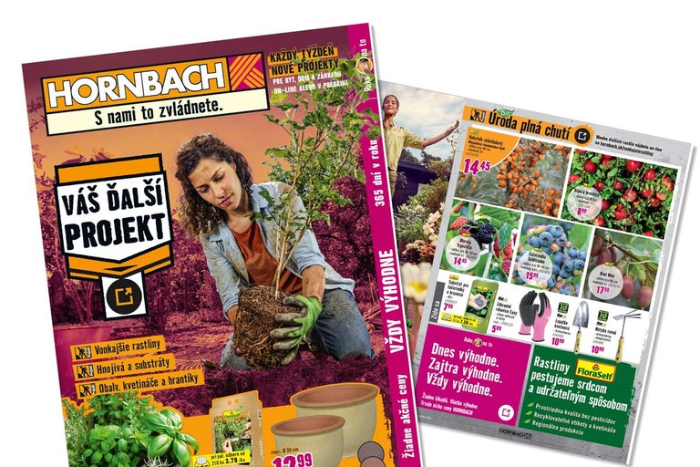 Hornbach Logo na letáku pre záhradné projekty s vonkajšími rastlinami, hnojivami, substrátmi a kvetináčmi. Žena je zobrazená pri sadení.