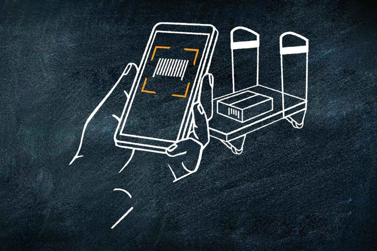 Ilustrácia mobilného telefónu skenujúceho čiarový kód s policou v pozadí