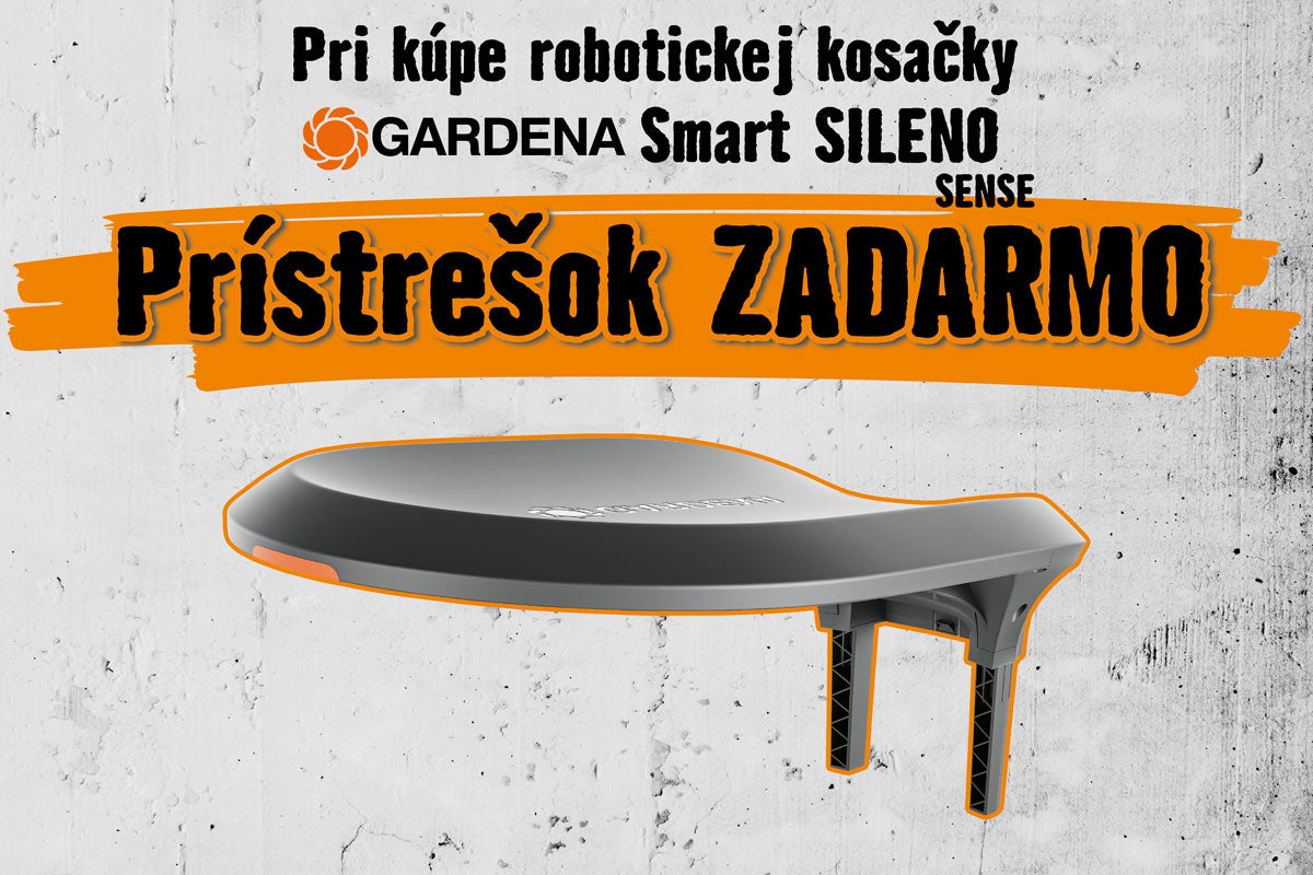 Gardena Logo a prístrešok pre robotickú kosačku Smart SILENO s textom o akcii na prístrešok zadarmo pri kúpe.
