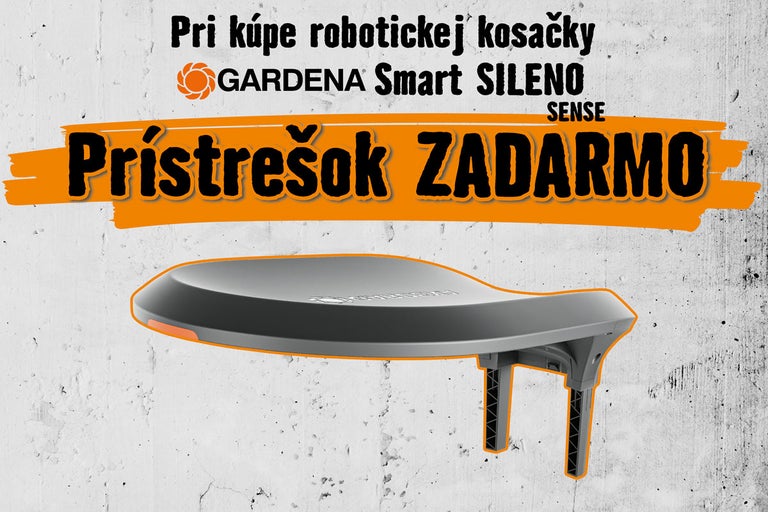 Gardena Logo a prístrešok pre robotickú kosačku Smart SILENO s textom o akcii na prístrešok zadarmo pri kúpe.