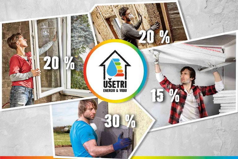 Koláž na tému úspory energie pri oknách, fasádach a stropoch